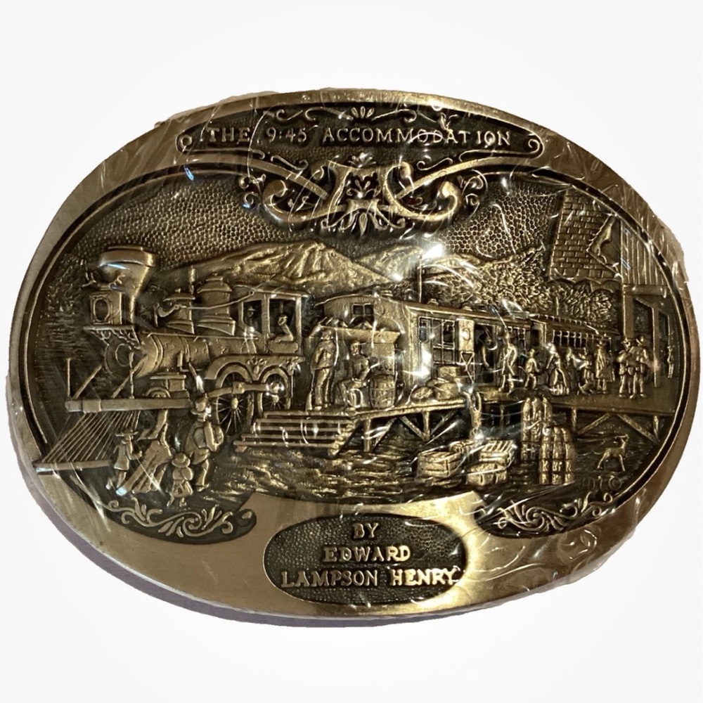 VINTAGE BELT BUCKLE 9:45 ACCOMODATION EDWARD LAMPSON HENRY BRASS